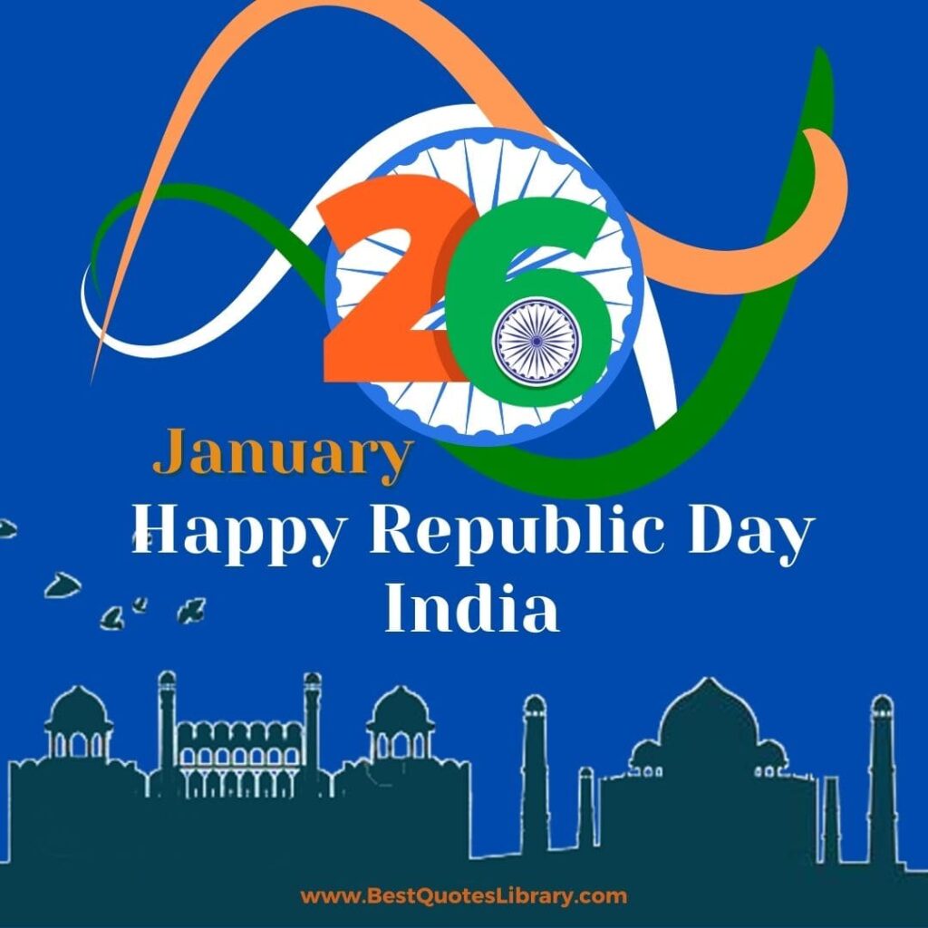 26th January Happy republic day with Taj Mahal, Red fort, India gate