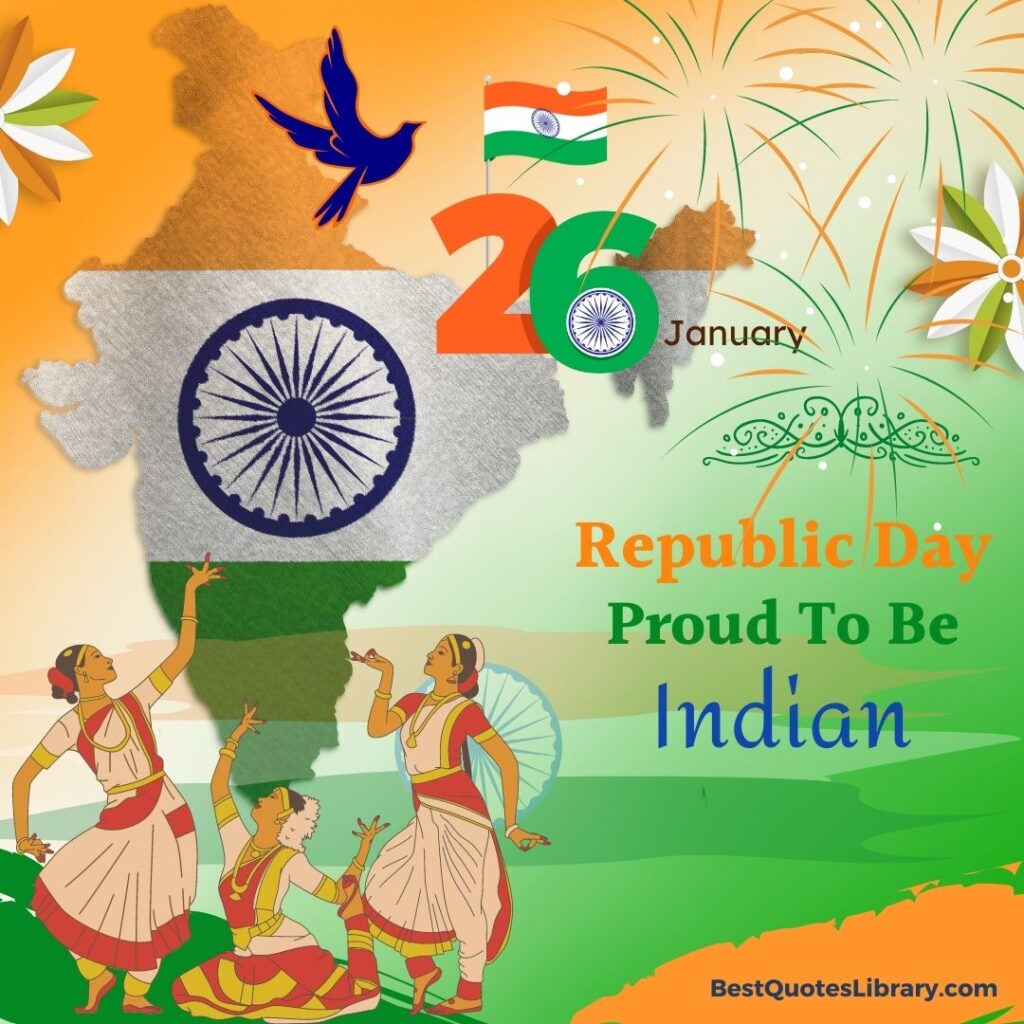 26th January Republic day celebrated with dancers flowers and bird with India map on best quotes library