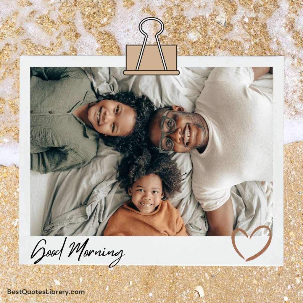 A family lying on bed in morning