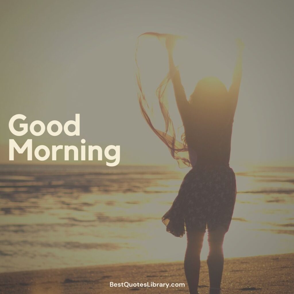 A girl Standing face towards sun both hands upwards sky saying Good Morning to the sea