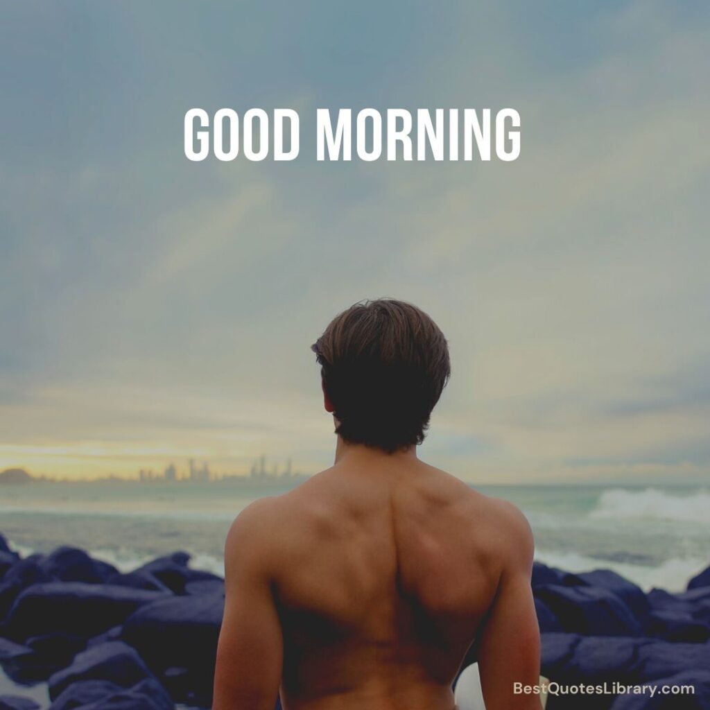 A naked man watching sea at rocks in morning