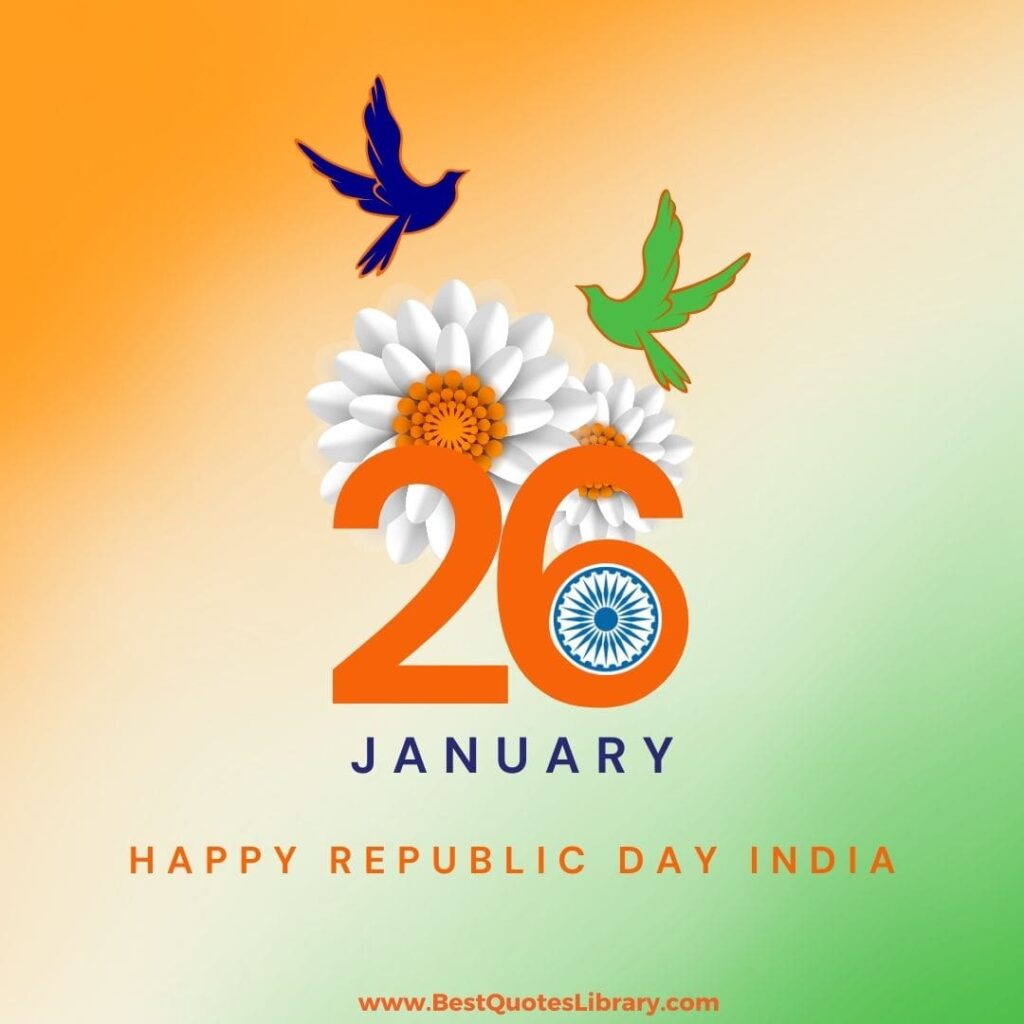 Happy Republic day of India with flying birds and white flowers