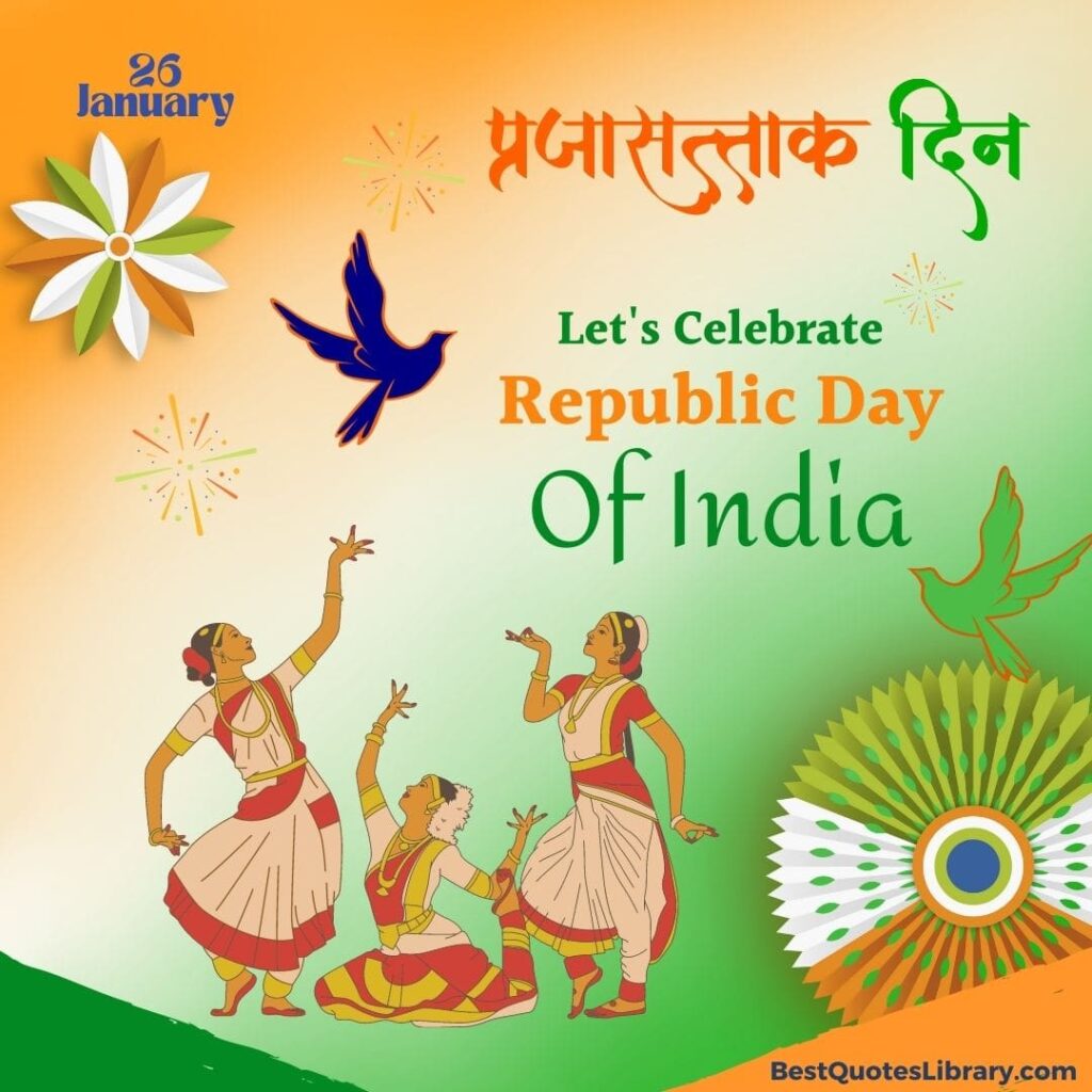 happy republic day celebrated with dancers, birds and flowers with background Indian flag color