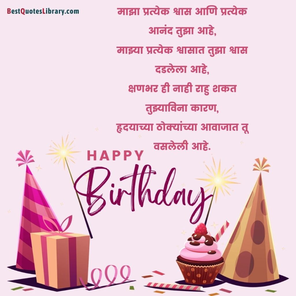 birthday cap with birthday gift, cake, firecrackers with Marathi quote for Birthday wishes for wife
